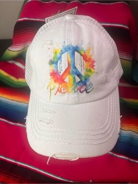 White Baseball Cap with Rainbow Peace Sign and Criss Cross back